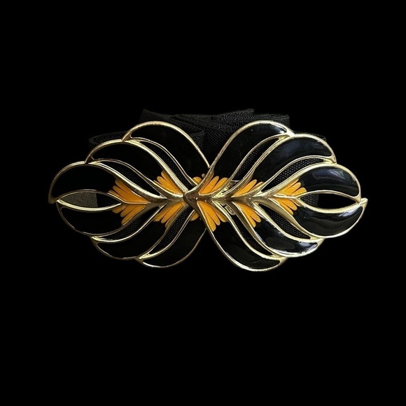 Vintage 80’s Black Adjustable Stretch Enamel Statement Buckle Belt - Picture 14 of 16